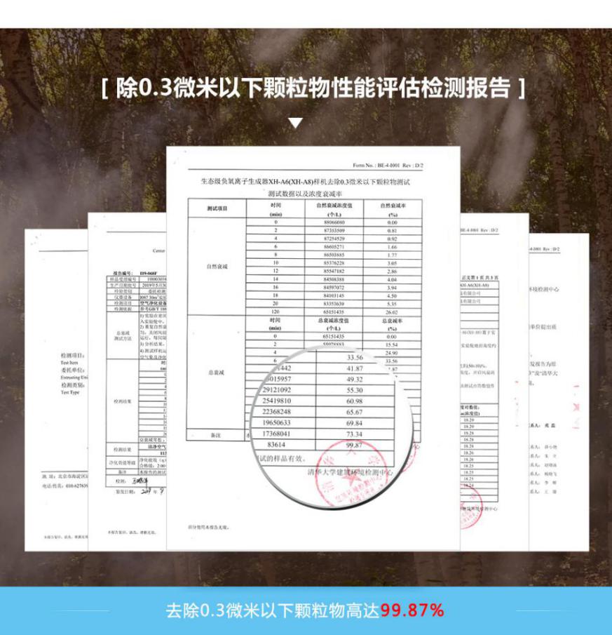 小粒徑負(fù)離子阻斷病毒傳播途徑和殺滅病毒的檢測(cè)報(bào)告，其去除0.3微米顆粒，殺滅病毒效率高達(dá)99.87%